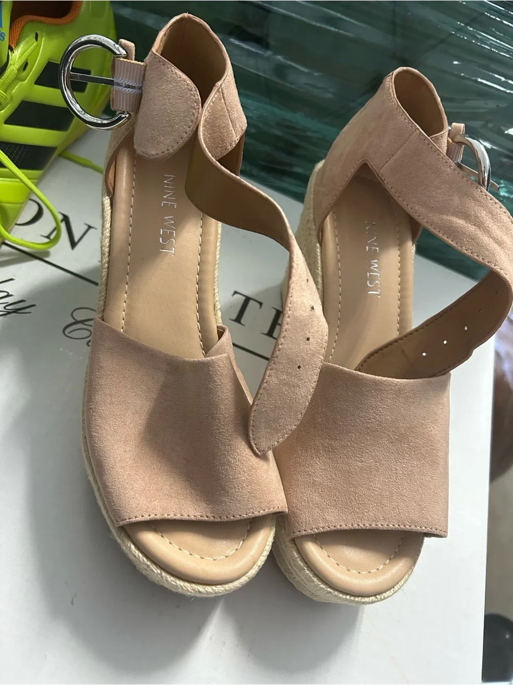 Nine West Blush Pink Espadrille Wedge Sandals with Ankle Buckle
